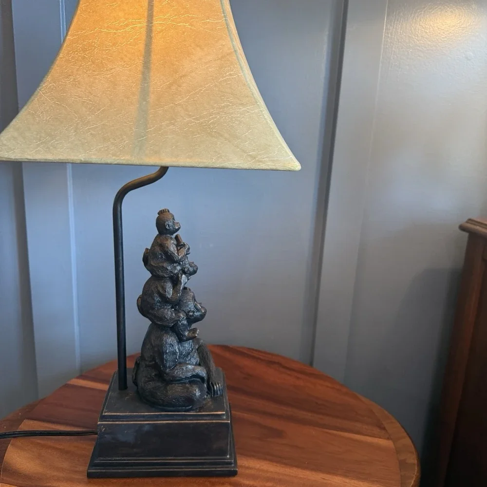 Vintage Monkey Stack Table Lamp Resin Safari Jungle Faux Leather Shade 21